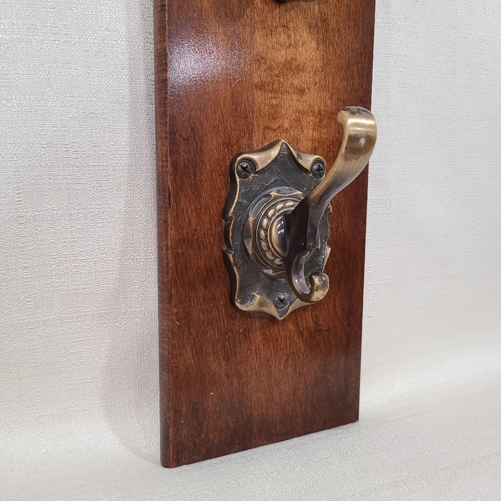 Wood Wall Hook Rack with Brass Double Hooks - Brown